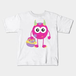 Spring Monster, Pink Monster, Horns, Flowers Kids T-Shirt